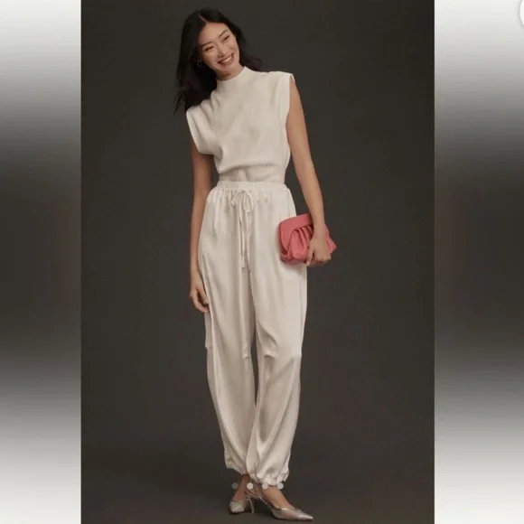 NWOT Anthropologie Maeve White Silky Parachute Pants Size Large - Picture 3 of 5